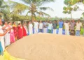 നെല്ല് സംഭരിക്കാത്തതില്‍ പ്രതിഷേധിച്ച് നെല്‍കര്‍ഷക സംരക്ഷണ സമിതിയുടെ നേതൃത്വത്തില്‍ നെല്‍ക്കൂനയ്ക്ക് ചുറ്റുംനിന്ന് കര്‍ഷക സംരക്ഷണ പ്രതിജ്ഞയെടുക്കുന്നു