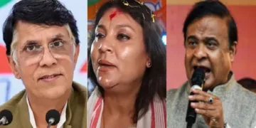 കോണ്‍ഗ്രസ് ദേശീയ വക്താവ് പവന്‍ ഖേര (ഇടത്ത്) ഹിമന്ത ബിശ്വ ശര്‍മ്മയുടെ ഭാര്യ റിനികി ഭൂയാന്‍ ശര്‍മ്മ (നടുവില്‍) ഹിമന്ത ബിശ്വ ശര്‍മ്മ (വലത്ത്)