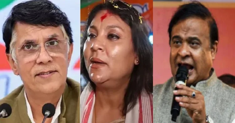 കോണ്‍ഗ്രസ് ദേശീയ വക്താവ് പവന്‍ ഖേര (ഇടത്ത്) ഹിമന്ത ബിശ്വ ശര്‍മ്മയുടെ ഭാര്യ റിനികി ഭൂയാന്‍ ശര്‍മ്മ (നടുവില്‍) ഹിമന്ത ബിശ്വ ശര്‍മ്മ (വലത്ത്)