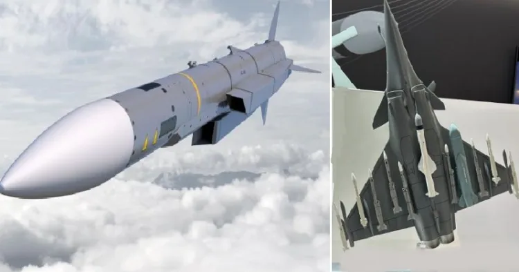 ഓപ്പറേഷന്‍ സിന്ദൂറില്‍ പാകിസ്ഥാന്‍റെ കരണം പുകച്ച മെറ്റിയോര്‍ മിസൈല്‍ (ഇടത്ത്) ഇനി ഇന്ത്യയ്ക്ക് ലഭിക്കാന്‍ പോകുന്ന നാലിന് പകരം ആറ് മെറ്റിയോര്‍ മിസൈല്‍ വരെ പിടിപ്പിക്കാവുന്ന റഫാലിന്‍റെ പുതിയ എഫ് 5 പതിപ്പ് (വലത്ത്)