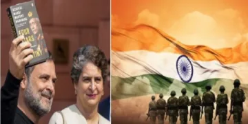 മുന്‍ കരസേനാമേധാവി എം.എം. നരവനെയുടെ പ്രസിദ്ധീകരിച്ചിട്ടില്ലാത്ത ആത്മകഥ ഉയര്‍ത്തിക്കാട്ടി, ഇത് പ്രസിദ്ധീകരിച്ച പുസ്തകമാണെന്ന് പറഞ്ഞ് മാധ്യമങ്ങളെ കാണുന്ന രാഹുല്‍ ഗാന്ധി. ഒരു മാസം മുന്‍പായിരുന്നു ഈ സംഭവം (ഇടത്ത്)