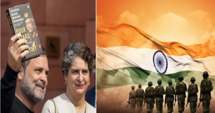 മുന്‍ കരസേനാമേധാവി എം.എം. നരവനെയുടെ പ്രസിദ്ധീകരിച്ചിട്ടില്ലാത്ത ആത്മകഥ ഉയര്‍ത്തിക്കാട്ടി, ഇത് പ്രസിദ്ധീകരിച്ച പുസ്തകമാണെന്ന് പറഞ്ഞ് മാധ്യമങ്ങളെ കാണുന്ന രാഹുല്‍ ഗാന്ധി. ഒരു മാസം മുന്‍പായിരുന്നു ഈ സംഭവം (ഇടത്ത്)