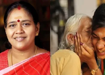 ഏറ്റുമാനൂരിലെ എന്‍ഡിഎ സ്ഥാനാര്‍ത്ഥി ആതിര ഡി നായര്‍ ഒരു വൃദ്ധയെ ആശ്ലേഷിക്കുന്നു (വലത്ത്)