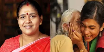 ഏറ്റുമാനൂരിലെ എന്‍ഡിഎ സ്ഥാനാര്‍ത്ഥി ആതിര ഡി നായര്‍ ഒരു വൃദ്ധയെ ആശ്ലേഷിക്കുന്നു (വലത്ത്)