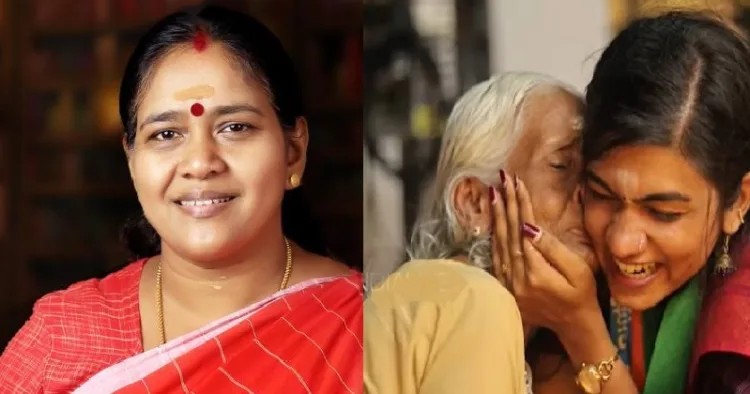 ഏറ്റുമാനൂരിലെ എന്‍ഡിഎ സ്ഥാനാര്‍ത്ഥി ആതിര ഡി നായര്‍ ഒരു വൃദ്ധയെ ആശ്ലേഷിക്കുന്നു (വലത്ത്)