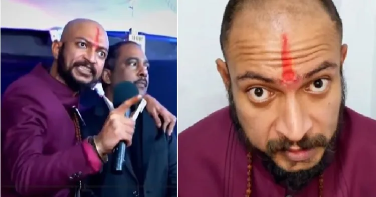 യുപിയിലെ ഗാസിയാബാദിലെ ക്രിസ്ത്യന്‍ ദേവാലയത്തില്‍ ഇടിച്ചു കയറി വൈദികനോട് വന്ദേമാതരം പാടാനും ആധാർ കാർഡ് കാണിക്കാനും ആക്രോശിച്ച കുറി തൊട്ട ഹിന്ദു നേതാവായി ചമഞ്ഞ ബംഗ്ലാദേശിയായ സുന്യുര്‍ റഹ്മാന്‍.(ഇടത്ത്)