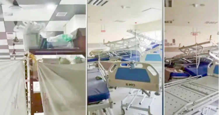 തിരുവനന്തപുരം മെഡിക്കല്‍ കോളജ് മള്‍ട്ടി സ്‌പെഷാലിറ്റി ആശുപത്രിയിലെ തുണികെട്ടി മറച്ച ഐസിയുവും തകര്‍ന്ന കിടക്കകളും