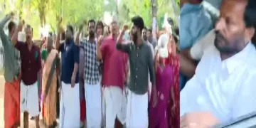 പരാജയം മണത്ത് ടിഎന്‍ പ്രതാപന്‍ (വലത്ത്) വാടാനപ്പള്ളിയില്‍ ടി.എന്‍ പ്രതാപനെതിരെ മുദ്രാവാക്യം മുഴക്കുന്ന ബിജെപി പ്രവര്‍ത്തകര്‍ (ഇടത്ത്)