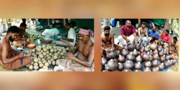 അപകടം നടന്ന സ്ഥലത്ത് വെടിക്കെട്ട് സാമഗ്രികള്‍ തയ്യാറാക്കിയിരുന്നവര്‍. അപകടത്തിനും ഏതാനും നിമിഷം മുന്‍പെടുത്ത ചിത്രം