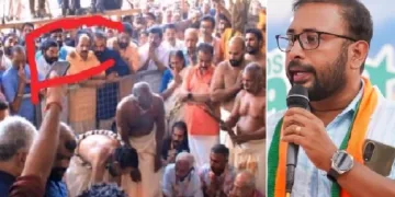 എസ് ഡി പിഐ വിദ്യാര്‍ത്ഥി വിഭാഗത്തിന്‍റെ കുത്തേറ്റ് മരിച്ച മഹാരാജാസ് കോളെജ് എസ് എഫ് ഐ വിദ്യാര്‍ത്ഥി അഭിമന്യുവിന്‍റെ ശവസംസ്കാരച്ചടങ്ങ് നോക്കി നില്‍ക്കുന്ന ഇടത് മന്ത്രിമാരായ ജിആര്‍ അനില്‍, ശിവന്‍കുട്ടി, വാസവന്‍ എന്നിവര്‍ (ഇടത്ത്) അഭിമന്യുവിന്‍റെ കൊലയാളികളായ എസ് ഡിപിഐയുടെ വോട്ട് തേടുന്ന സിപിഎമ്മിനെയും സിപിഐയെയും പരിഹസിച്ച് സഖാവ് അഭിമന്യൂവിന്‍റെ പേരില്‍ നെടുമങ്ങാട് വോട്ട് ചോദിക്കുന്ന യുവരാജ് ഗോകുല്‍ (വലത്ത്)