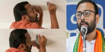 ഇടത് സര്‍ക്കാര്‍ പണിതുകൊടുത്ത വയനാട്ടിലെ വീടിന്‍റെ ചോര്‍ച്ച മന്ത്രി രാജന്‍ പരിശോധിക്കുന്നു (ഇടത്ത്)