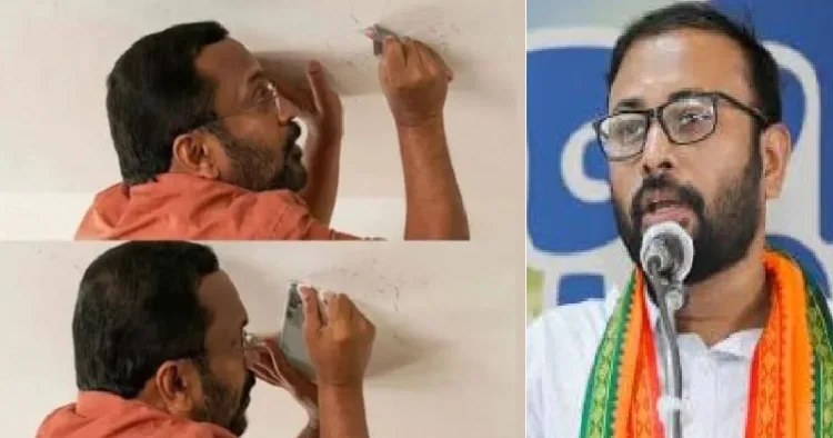 ഇടത് സര്‍ക്കാര്‍ പണിതുകൊടുത്ത വയനാട്ടിലെ വീടിന്‍റെ ചോര്‍ച്ച മന്ത്രി രാജന്‍ പരിശോധിക്കുന്നു (ഇടത്ത്)