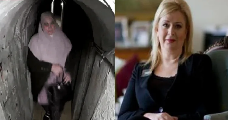 യാഹ്യ സിന്‍വറിന്‍റെ ഭാര്യ 30 ലക്ഷം രൂപയുടെ ബാഗുമായി ഒരു ടണലിനുള്ളില്‍ ഒളിവില്‍ കഴിയുമ്പോള്‍ (ഇടത്ത്) യാസര്‍ അരാഫത്തിന്‍റെ ഭാര്യ സഹ് വ അരാഫത്ത് (വലത്ത്)