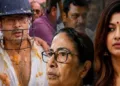 ലവ് ലി മൈത്ര (വലത്ത്) മുട്ടയേറ് കൊണ്ട് അഭിഷേക് ബാനര്‍ജി (ഇടത്ത്)