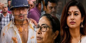 ലവ് ലി മൈത്ര (വലത്ത്) മുട്ടയേറ് കൊണ്ട് അഭിഷേക് ബാനര്‍ജി (ഇടത്ത്)