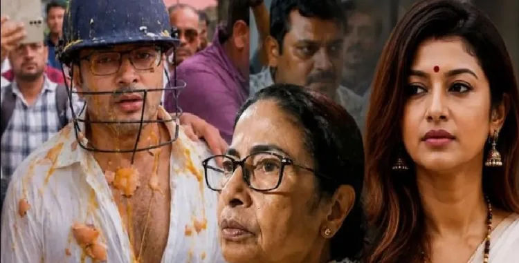 ലവ് ലി മൈത്ര (വലത്ത്) മുട്ടയേറ് കൊണ്ട് അഭിഷേക് ബാനര്ജി (ഇടത്ത്)