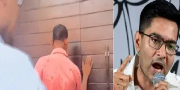പൊലീസുകാര് അഭിഷേക് ബാനര്ജിയുടെ വീടിന്റെ വാതിലില് മുട്ടുന്നു (ഇടത്ത്) മമതയുടെ മരുമകന് അഭിഷേക് ബാനര്ജി (വലത്ത്)