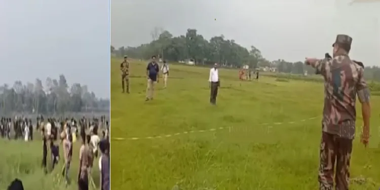 ഇന്ത്യാ ബംഗ്ലാദേശ് അതിര്ത്തിവേലികെട്ടുന്നതിന് മുന്നോടിയായി ഭൂമി അളക്കാന് ചെല്ലുന്ന റവന്യൂ ഉദ്യോഗസ്ഥര്ക്ക് നേരെ സിലിഗുരിയില് കല്ലെറിയുന്ന ബംഗ്ലാദേശികള് (ഇടത്ത്) ലാല് മോനര്ഹട്ട് പ്രദേശത്ത് ഭൂമിയളക്കാന് ചെന്ന ഇന്ത്യന് റവന്യൂ ഉദ്യോഗസ്ഥര്ക്ക് നേരെ ആക്രോശിക്കുന്ന ബംഗ്ലാദേശി അതിര്ത്തി പട്ടാളക്കാരന് (വലത്ത്)
