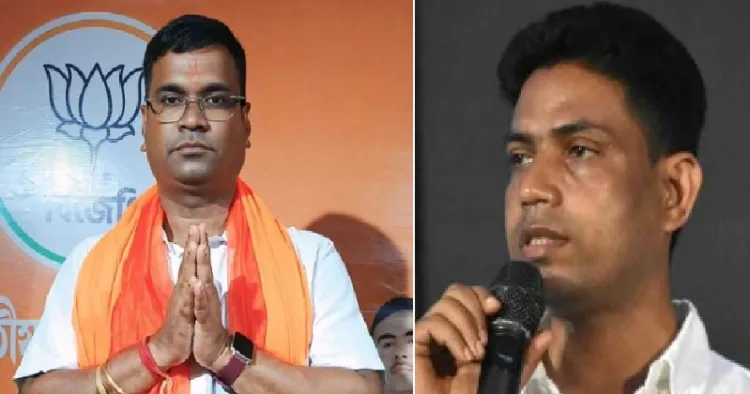 തൃണമൂല്‍ സ്ഥാനാര്‍ത്ഥി ദേബാംശു പാണ്ഡ (ഇടത്ത്) തൃണമൂല്‍ ഗുണ്ടാനേതാവ് ജഹാംഗീര്‍ ഖാന്‍ (വലത്ത്)