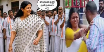 ചെറിയാന്‍ ഫിലിപ്പ് ബിന്ദു കൃഷ്ണയെ കെട്ടിപ്പിടിക്കാന്‍ ശ്രമിക്കുന്നു (വലത്ത്) മുള്ളുള്ള സാരിയുമായി കോണ്‍ഗ്രസ് വനിതാപ്രവര്‍ത്തക (ഇടത്ത്)