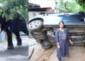 ഇടഞ്ഞോടിയ ശിവംലക്ഷ്മി അയ്യപ്പന്‍, ആനയുടെ ആക്രമണത്തില്‍ തകര്‍ന്ന കാറിന് സമീപം സംഗീത