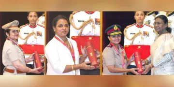 അന്താരാഷ്ട്ര നഴ്‌സസ് ദിനത്തോട് അനുബന്ധിച്ച് മേജര്‍ ജനറല്‍ ലിസമ്മ പി.വി, മഞ്ജു മോള്‍ വി. എസ്., ദീപ ബിജു എന്നിവര്‍ക്ക് രാഷ്ട്രപതി ഭവനിലെ ചടങ്ങില്‍ രാഷ്ട്രപതി ദ്രൗപദി മുര്‍മു ഫ്‌ലോറന്‍സ് നൈറ്റിങ്‌ഗേല്‍ അവാര്‍ഡുകള്‍ സമ്മാനിക്കുന്നു