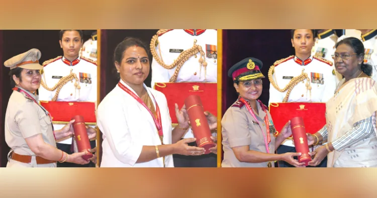 അന്താരാഷ്ട്ര നഴ്‌സസ് ദിനത്തോട് അനുബന്ധിച്ച് മേജര്‍ ജനറല്‍ ലിസമ്മ പി.വി, മഞ്ജു മോള്‍ വി. എസ്., ദീപ ബിജു എന്നിവര്‍ക്ക് രാഷ്ട്രപതി ഭവനിലെ ചടങ്ങില്‍ രാഷ്ട്രപതി ദ്രൗപദി മുര്‍മു ഫ്‌ലോറന്‍സ് നൈറ്റിങ്‌ഗേല്‍ അവാര്‍ഡുകള്‍ സമ്മാനിക്കുന്നു