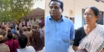 വോട്ട് ചെയ്യാന്‍ ബൂത്തിലെത്തുന്ന ടി.കെ. ഗോവിന്ദനെയും ഭാര്യയെയും കൂക്കിവിളിക്കുന്ന സിപിഎം പ്രവര്‍ത്തകര്‍ (ഇടത്ത്)