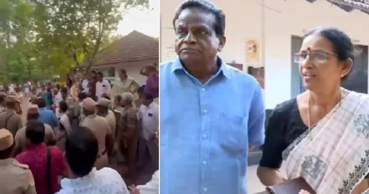 വോട്ട് ചെയ്യാന്‍ ബൂത്തിലെത്തുന്ന ടി.കെ. ഗോവിന്ദനെയും ഭാര്യയെയും കൂക്കിവിളിക്കുന്ന സിപിഎം പ്രവര്‍ത്തകര്‍ (ഇടത്ത്)