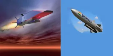 സ്ക്രാംജെറ്റില്‍ കുതിയ്ക്കുന്ന പുതിയ ഹൈപ്പര്‍സോണിക് മിസൈല്‍ (ഇടത്ത്) ബ്രഹ്മോസ് മിസൈല്‍ (വലത്ത്)