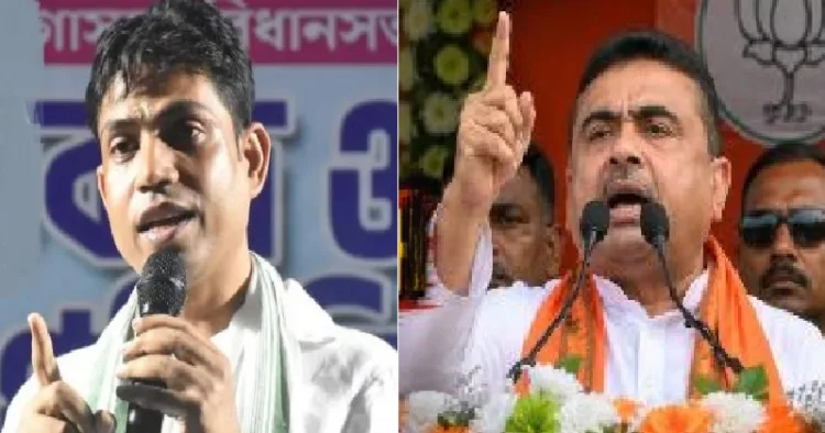 തൃണമൂല്‍ ഗുണ്ടയും ഫാള്‍ട്ടയിലെ സ്ഥാനാര്‍ത്ഥിയുമായ ജഹാംഗീര്‍ ഖാന്‍ (ഇടത്ത്) ബംഗാള്‍ മുഖ്യമന്ത്രി സുവേന്ദു അധികാരി (വലത്ത്)