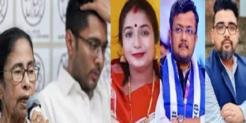 മമതയും അഭിഷേക് ബാനര്‍ജിയും (ഇടത്ത്) മമതയെ വിമര്‍ശിക്കുന്ന പാപിയ ഘോഷ്, കോഹിനൂര്‍ മജുംദാര്‍, റിജു ദത്ത എന്നിവര്‍.