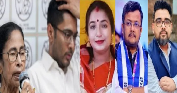 മമതയും അഭിഷേക് ബാനര്‍ജിയും (ഇടത്ത്) മമതയെ വിമര്‍ശിക്കുന്ന പാപിയ ഘോഷ്, കോഹിനൂര്‍ മജുംദാര്‍, റിജു ദത്ത എന്നിവര്‍.