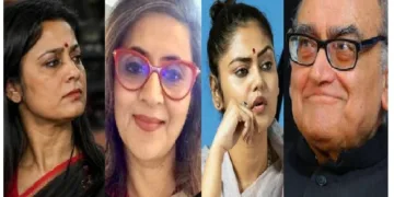 മുന് സുപ്രീംകോടതി ജഡ്ജി മാര്ക്കണ്ഡേയ കട് ജു (വലത്ത്) തൃണമൂല് എംപിമാരായ മഹുവ മൊയ്ത്ര, സാഗരികഘോഷ്, സായനി ഘോഷ് എന്നിവര് (ഇടത്ത് നിന്നും വലത്തോട്ട്)
