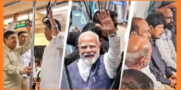 ഇന്ധനം ലാഭിക്കാനുള്ള പ്രധാനമന്ത്രിയുടെ ആഹ്വാനപ്രകാരം കേന്ദ്രസഹമന്ത്രി രാമദാസ് അത്താവലെ മെട്രോ ട്രെയിനില്‍ സാധാരണക്കാര്‍ക്കൊപ്പം യാത്ര ചെയ്യുന്നു (വലത്ത്) ദല്‍ഹി മന്ത്രി കപില്‍ മിശ്ര സാധാരണക്കാര്‍ക്കൊപ്പം ദല്‍ഹി മെട്രോയില്‍ യാത്ര ചെയ്യുന്നു (ഇടത്ത്)