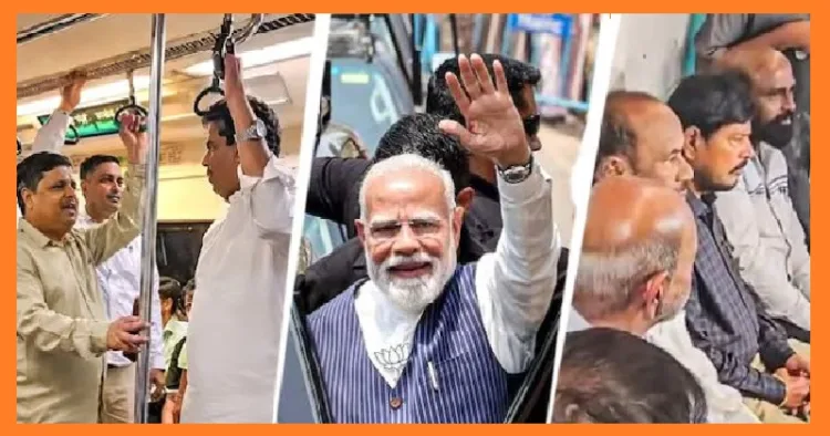 ഇന്ധനം ലാഭിക്കാനുള്ള പ്രധാനമന്ത്രിയുടെ ആഹ്വാനപ്രകാരം കേന്ദ്രസഹമന്ത്രി രാമദാസ് അത്താവലെ മെട്രോ ട്രെയിനില്‍ സാധാരണക്കാര്‍ക്കൊപ്പം യാത്ര ചെയ്യുന്നു (വലത്ത്) ദല്‍ഹി മന്ത്രി കപില്‍ മിശ്ര സാധാരണക്കാര്‍ക്കൊപ്പം ദല്‍ഹി മെട്രോയില്‍ യാത്ര ചെയ്യുന്നു (ഇടത്ത്)