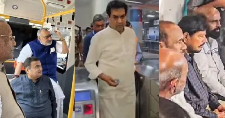 കേന്ദ്ര ഗതാഗത മന്ത്രി നിതിന്‍ ഗാഡ്കരി ബസില്‍ യാത്ര ചെയ്യുന്നു (ഫയല്‍ ചിത്രം) ദല്‍ഹി മന്ത്രി കപില്‍ ശര്‍മ്മ കാര്‍ ഒഴിവാക്കി ദല്‍ഹി മെട്രോയില്‍ യാത്ര ചെയ്യുന്നു (നടുവില്‍) കേന്ദ്രമന്ത്രി അത്താവലെ കാര്‍ ഒഴിവാക്കി മുബൈയില്‍ മെട്രോ ട്രെയിനില്‍ സാധാരണക്കാര്‍ക്കൊപ്പം യാത്ര ചെയ്യുന്നു (വലത്ത്)