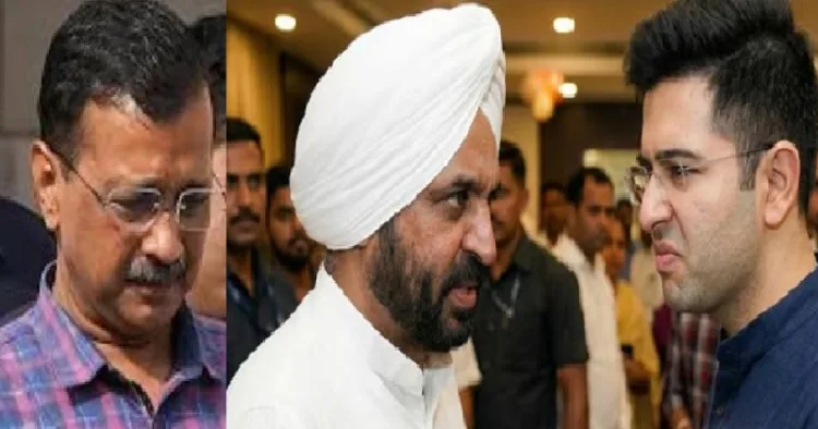 ബിജെപി പഞ്ചാബ് പിടിക്കാന്‍ കണ്ടുവെച്ച യുവനേതാവ് രാഘവ് ഛദ്ദ (വലത്ത്) പഞ്ചാബിലെ ആം ആദ്മി മുഖ്യമന്ത്രി ഭഗവന്ത് മാന്‍ (നടുവില്‍) ആംആദ്മി നേതാവ് അരവിന്ദ് കെജ്രിവാള്‍ (ഇടത്ത്)