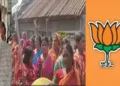 തൃണമൂല്‍ ഗുണ്ട ഷാജഹാന്‍ ഷെയ്ഖ് (ഇടത്ത്) സന്ദേശ് ഖലിയിലെ ഗ്രാമീണ സ്ത്രീകള്‍ ഷാജഹാന്‍ ഷെയ്ഖിനെതിരെ സമരം ചെയ്യുന്നു (നടുവില്‍)