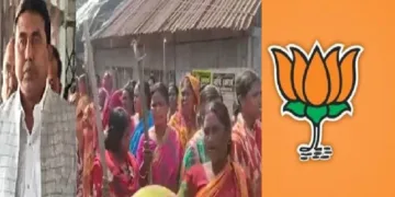 തൃണമൂല്‍ ഗുണ്ട ഷാജഹാന്‍ ഷെയ്ഖ് (ഇടത്ത്) സന്ദേശ് ഖലിയിലെ ഗ്രാമീണ സ്ത്രീകള്‍ ഷാജഹാന്‍ ഷെയ്ഖിനെതിരെ സമരം ചെയ്യുന്നു (നടുവില്‍)