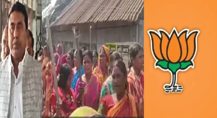 തൃണമൂല്‍ ഗുണ്ട ഷാജഹാന്‍ ഷെയ്ഖ് (ഇടത്ത്) സന്ദേശ് ഖലിയിലെ ഗ്രാമീണ സ്ത്രീകള്‍ ഷാജഹാന്‍ ഷെയ്ഖിനെതിരെ സമരം ചെയ്യുന്നു (നടുവില്‍)