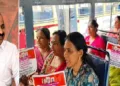 കോണ്‍ഗ്രസ് സര്‍ക്കാര്‍ പ്രകടനപത്രികയില്‍ വാഗ്ദാനം ചെയ്തതുപോലെ സ്ത്രീകള്‍ക്ക് സൗജന്യയാത്ര അനുവദിക്കാത്തതിനാല്‍ മഹിളാമോര്‍ച്ചാ പ്രവര്‍ത്തകര്‍ പ്രതിഷേധിക്കുന്നു (വലത്ത്)