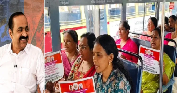 കോണ്‍ഗ്രസ് സര്‍ക്കാര്‍ പ്രകടനപത്രികയില്‍ വാഗ്ദാനം ചെയ്തതുപോലെ സ്ത്രീകള്‍ക്ക് സൗജന്യയാത്ര അനുവദിക്കാത്തതിനാല്‍ മഹിളാമോര്‍ച്ചാ പ്രവര്‍ത്തകര്‍ പ്രതിഷേധിക്കുന്നു (വലത്ത്)
