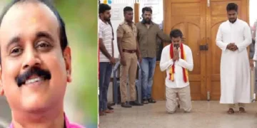 വിജയ് പള്ളിയില്‍ മുട്ടില്‍ ഇഴയുന്നു (വലത്ത്)