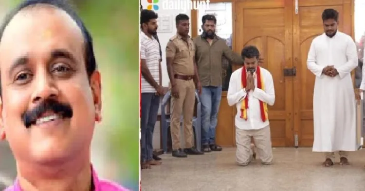 വിജയ് പള്ളിയില്‍ മുട്ടില്‍ ഇഴയുന്നു (വലത്ത്)