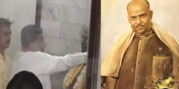 ബിജെപി മൂന്നില്‍ രണ്ടു ഭൂരിപക്ഷം നേടി ബംഗാളില്‍ അധികാരത്തില്‍ വന്ന ശേഷം സുവേന്ദു അധികാരി ശ്യാമപ്രസാദ് മുഖര്‍ജിയുടെ പ്രതിമയില്‍ മാല ചാര്‍ത്തുന്നു (ഇടത്ത്) ശ്യാമപ്രസാദ് മുഖര്‍ജി (വലത്ത്)