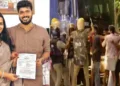 മുന്‍ മന്ത്രി വി.ശിവന്‍കുട്ടിയുടെ മകന്‍ വധുവിനൊപ്പം വിവാഹവേദിയില്‍ (ഇടത്ത്) എസ് എഫ്ഐഐക്കാരെ തല്ലിയോടിക്കുന്ന പൊലീസ് (വലത്ത്)