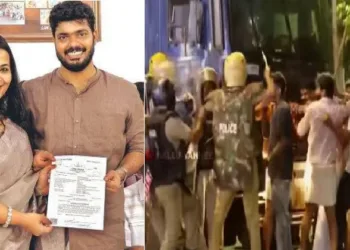 മുന്‍ മന്ത്രി വി.ശിവന്‍കുട്ടിയുടെ മകന്‍ വധുവിനൊപ്പം വിവാഹവേദിയില്‍ (ഇടത്ത്) എസ് എഫ്ഐഐക്കാരെ തല്ലിയോടിക്കുന്ന പൊലീസ് (വലത്ത്)