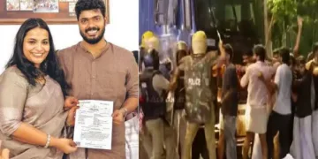 മുന്‍ മന്ത്രി വി.ശിവന്‍കുട്ടിയുടെ മകന്‍ വധുവിനൊപ്പം വിവാഹവേദിയില്‍ (ഇടത്ത്) എസ് എഫ്ഐഐക്കാരെ തല്ലിയോടിക്കുന്ന പൊലീസ് (വലത്ത്)