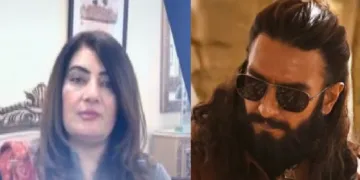 സോബിയ ഷാഹീദ് (ഇടത്ത്) ധുരന്ധര്‍ സിനിമയിലെ റോ ഏജന്‍റായി അഭിനയിക്കുന്ന രണ്‍വീര്‍ സിങ്ങ് (വലത്ത്)